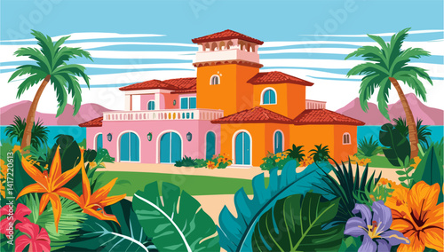 Exotic tropical villa with a red roof and a pink exterior. The house is surrounded by palm trees and a lush green jungle. The house is located near a body of water