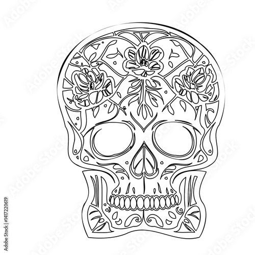 Decorative Skull with Floral Elements Line Art