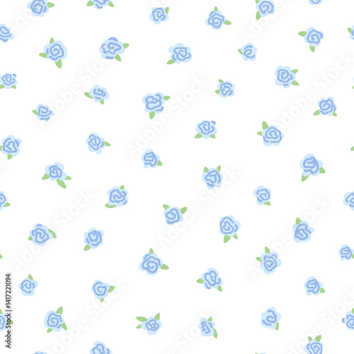 Beautiful cute small tiny rose flowers with leaves on white background simple vintage ditsy style blue colors. Seamless pattern for textile fabric print home decor design. Vector template illustration