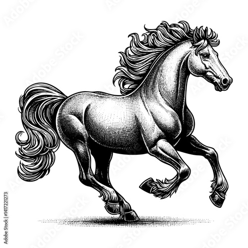 Horse running up engraving black and white outline. Scratch board imitation.  illustrated in vintage line art style on a white background.