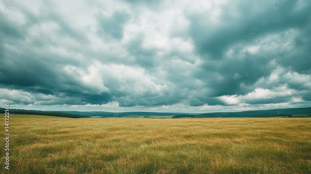 Expansive golden field beneath a dramatic, cloud-filled sky at dusk Expansive golden field beneath a dramatic, cloud-filled sky at dusk