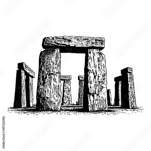 Stonehenge sketch engraving black and white outline. Scratch board imitation.