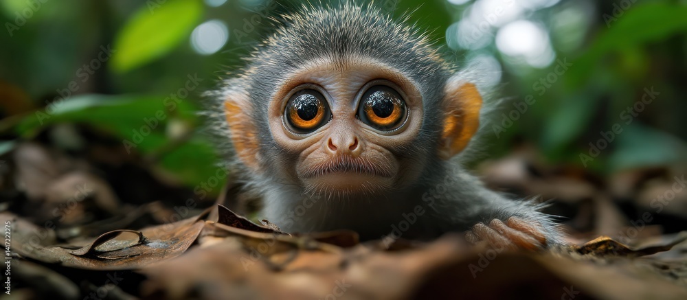 Fototapeta premium Baby monkey in jungle, curious gaze, leaf litter