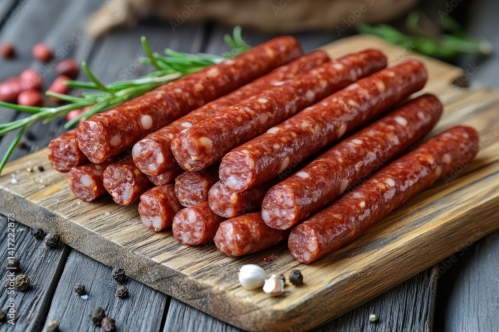 Savory Snack Sticks: A Pile of Flavorful Sausages on a Rustic Wooden Board Savory Snack Sticks: A Pile of Flavorful Sausages on a Rustic Wooden Board