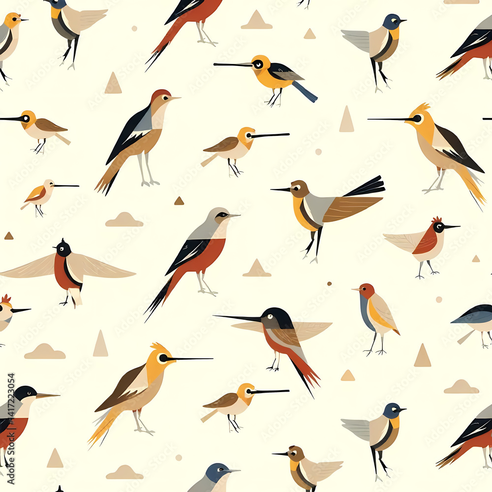 Obraz premium A charming, repeating pattern of stylized birds in a variety of colors against a soft background.