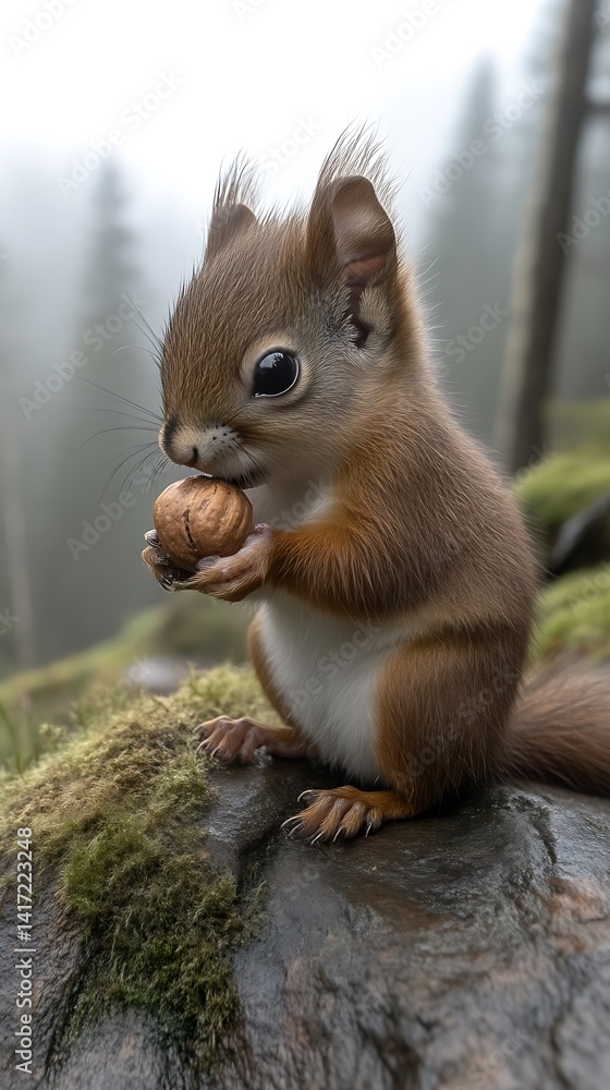 Obraz premium Cute Squirrel Eating Nut on Mossy Rock in Foggy Forest