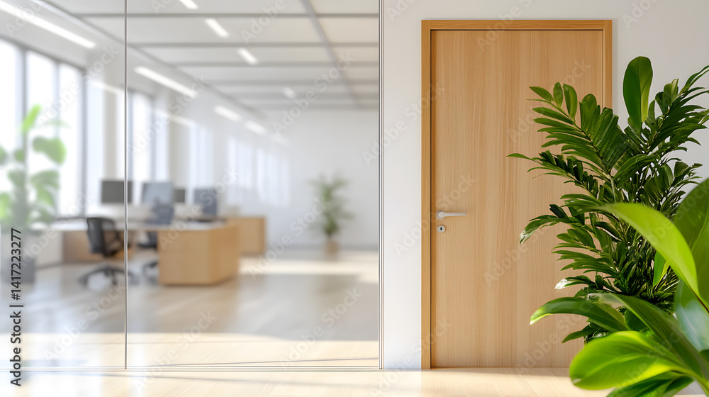 Fototapeta premium Blurry office interior with doorway contemporary workspace modern design bright environment