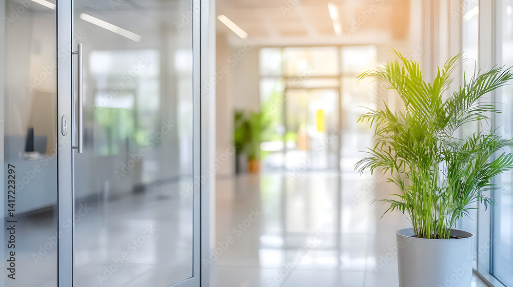 Fototapeta premium Modern office interior view with blurred door and greenery bright workspace calm environment