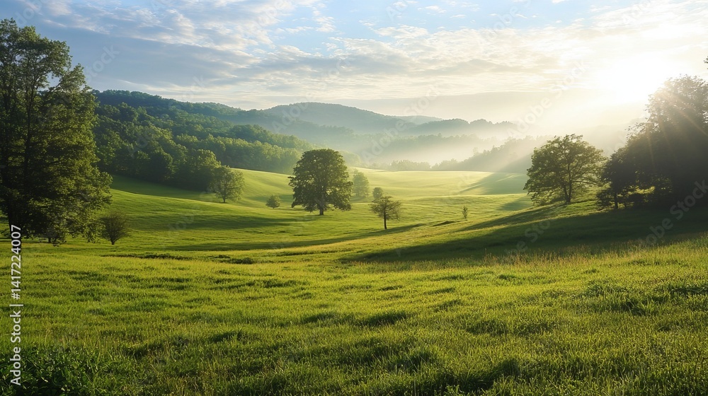 Obraz premium Serene Green Valley Landscape with Rolling Hills and Trees at Sunrise