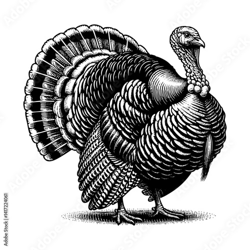 Turkey sketch engraving black and white outline. Scratch board imitation.  illustrated in vintage line art style on a white background.
