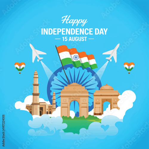 Happy independence day india celebration with indian flag and monuments vector design