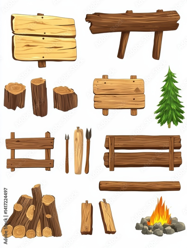 Old wood collection. Timber, logs pine tree elements. Isolated wooden signs, blanks and street road sign. Cartoon boards planks, village fence and camp fire vector set illustration Old wood collection. Timber, logs pine tree elements. Isolated wooden signs, blanks and street road sign. Cartoon boards planks, village fence and camp fire vector set illustration