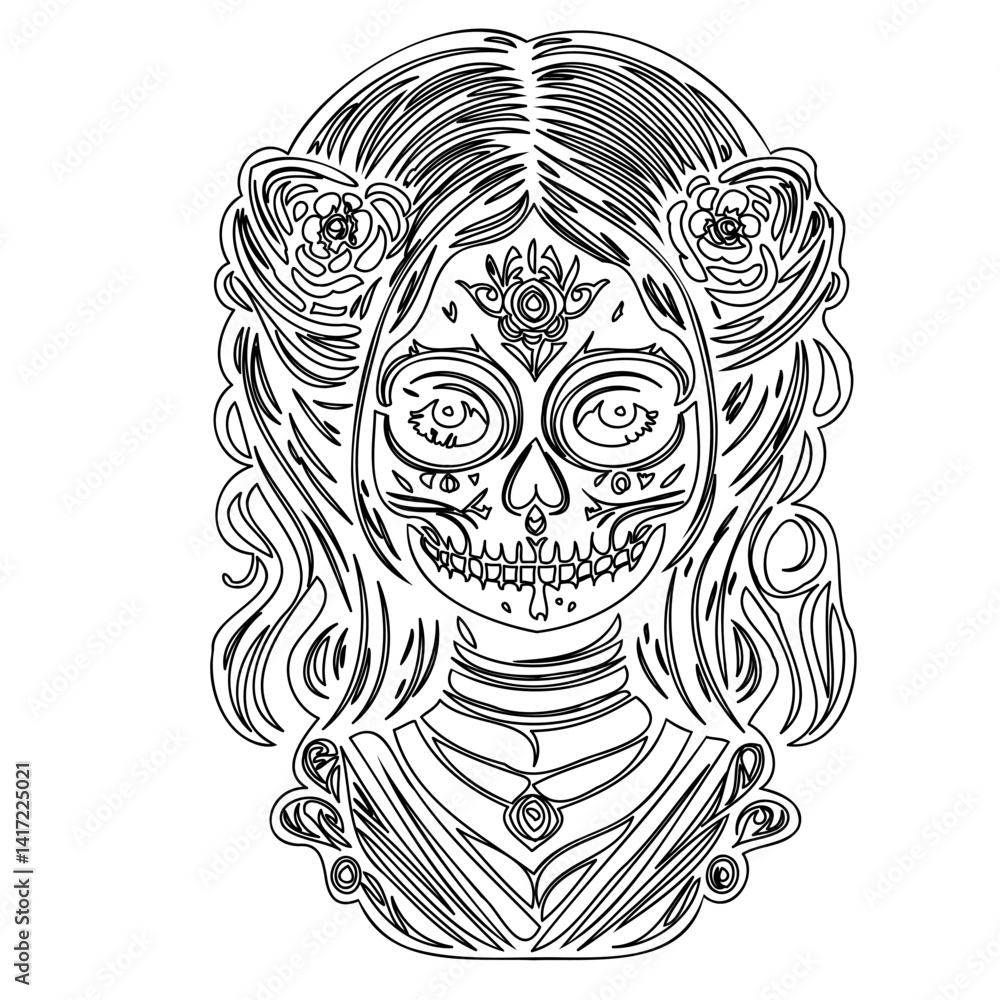 Fototapeta premium Dia de los Muertos Woman Line Art Silhouette