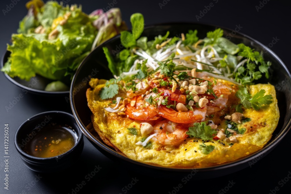 Delicious Shrimp and Egg Omelette with Fresh Herbs and Peanuts, Savory Asian Cuisine Delight Delicious Shrimp and Egg Omelette with Fresh Herbs and Peanuts, Savory Asian Cuisine Delight