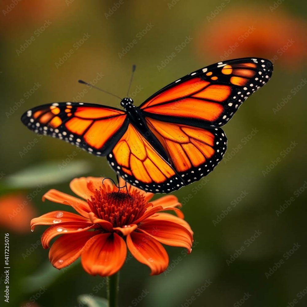 Fototapeta premium Vibrant monarch butterfly perched on blooming flower with wings fully spread, morning dew glistening on petals