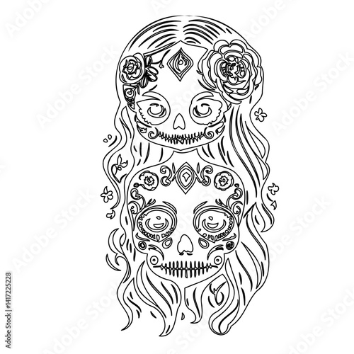 Elaborate Black and White Sugar Skull Illustration