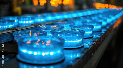 Wallpaper Mural Blue illuminated glass containers on a production line, showcasing a vibrant factory setting Torontodigital.ca