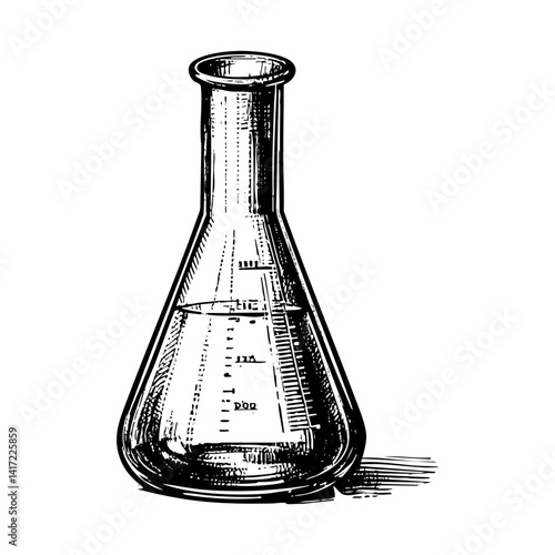 Beaker and erlenmeyer sketch engraving black and white outline. Scratch board imitation.  illustrated in vintage line art style on a white background.