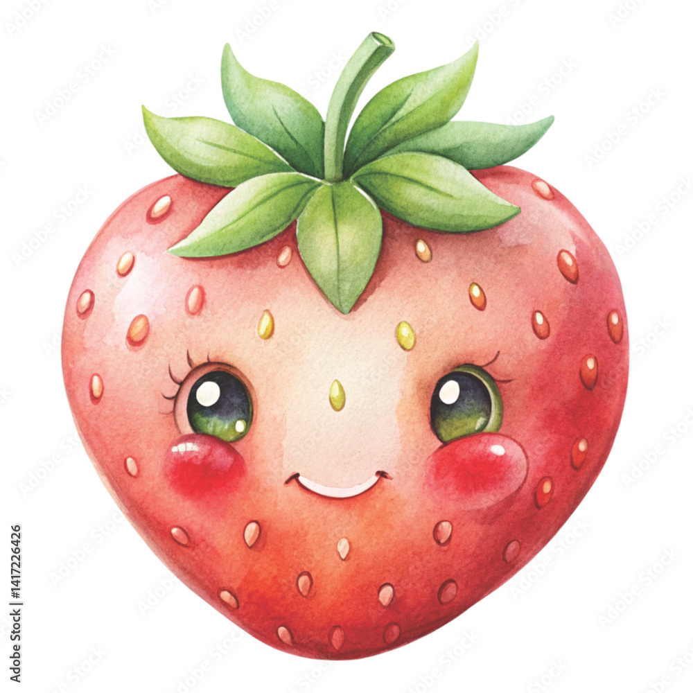 Obraz premium Smiling Strawberry Clipart Watercolor cartoon on white background