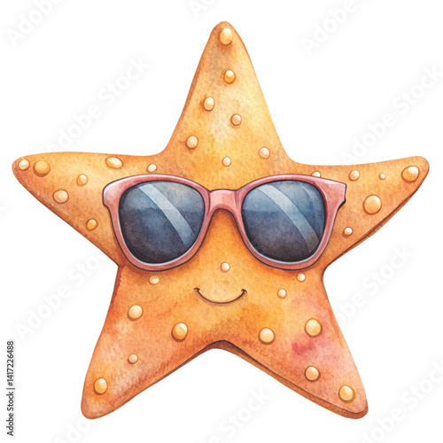 Starfish wearing sunglasses Watercolor cartoon on white background 