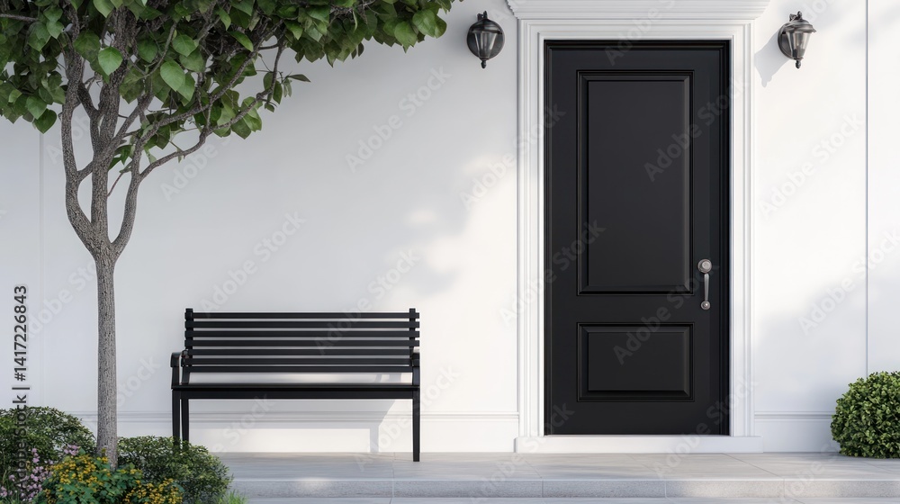 Fototapeta premium Elegant Black Door Accompanied by Simple Bench and Greenery