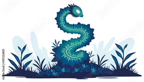 Mystical serpent illustration in lush green foliage  