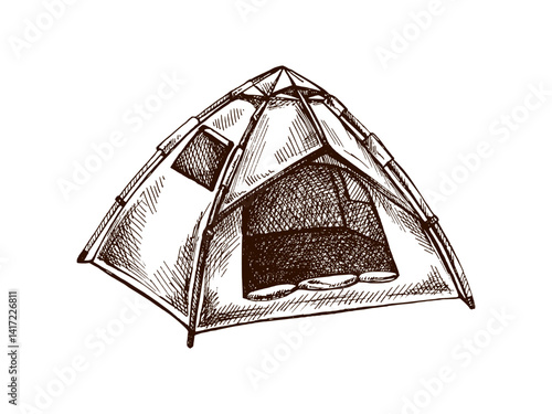 Hand drawn vintage sketch of camping tent with open entrance, isolated vector illustration for outdoor travel and tourism