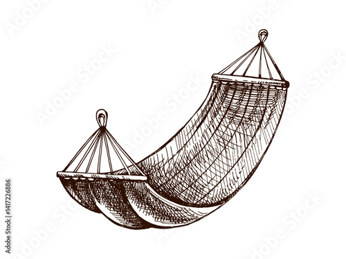Hand drawn vintage sketch of a hanging hammock, isolated black and white vector illustration for camping and relaxation design