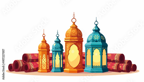 Colorful decorative lanterns and rolled fabrics in festive style  
