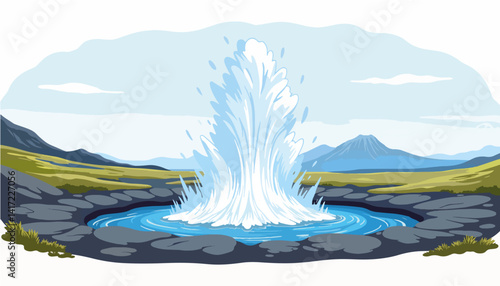 Geyser erupting in a scenic landscape with mountains  