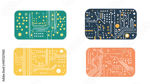 Abstract Circuit Boards in Teal, Dark Blue, Yellow, and Orange