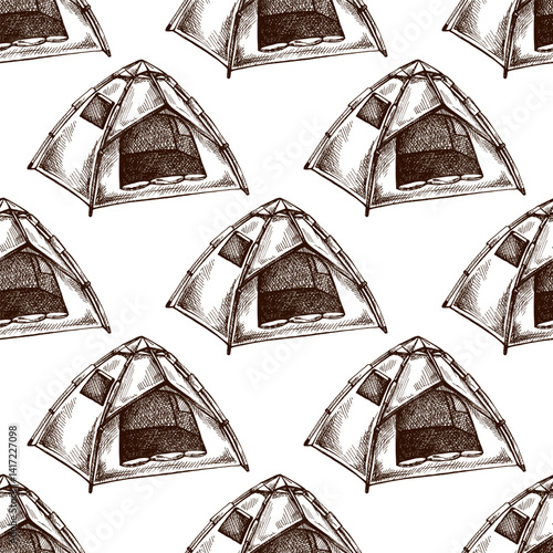Hand drawn vintage seamless pattern with sketch of camping tent, monochrome brown illustration on white background