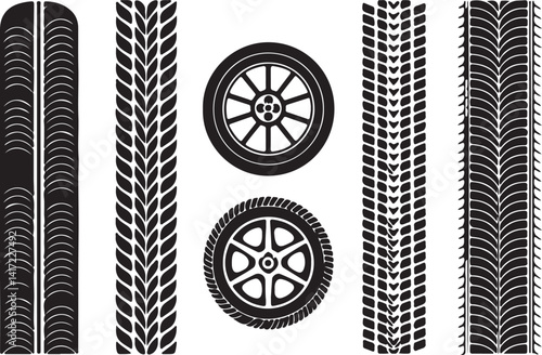 Silhouette tire wheel marks of cars icons set. Set of outline variant silhouette tire wheel marks of cars icons collection