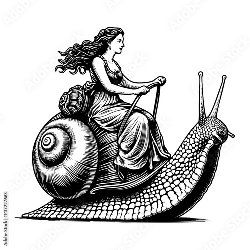 Retro woman riding snail sketch engraving black and white outline. Scratch board imitation.