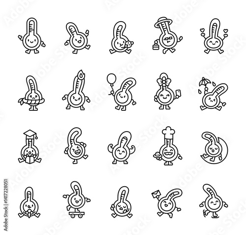 Cute thermometer character set showing different emotions and activities such as working, studying, celebrating, relaxing, cooking, sleeping, skating, eating, and enjoying everyday moments