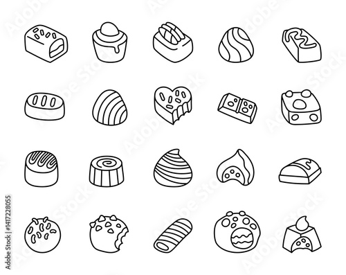 Delicious chocolate candy set featuring hand drawn sweet treats with creamy fillings, crunchy toppings, fun shapes, and cute outline cartoon design elements