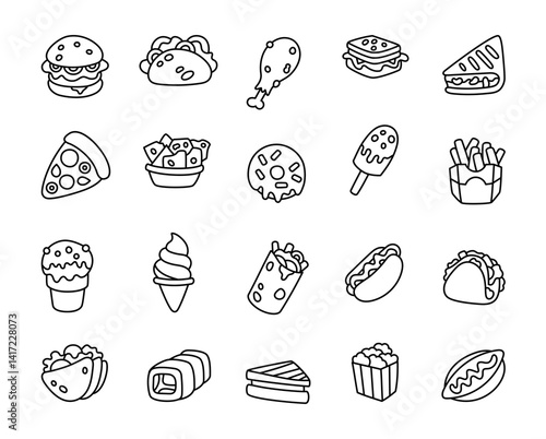 Fast food set with delicious snacks including burgers, tacos, sandwiches, fries, pizza, desserts and more in cute outline clipart style for yours creative designs projects