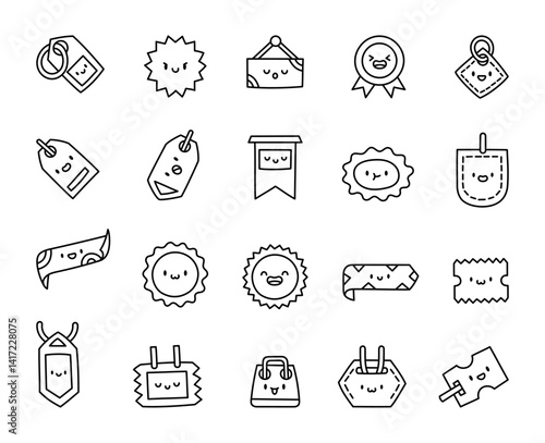 Charming discount tag label and badge character set with various adorable emotions like smiling, sleeping, laughing, and resting in cute kawaii cartoon style for design use