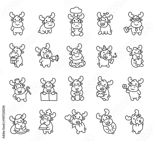 Funny moose character set with adorable horns and emotional expressions sitting, standing, holding objects, celebrating holidays, and doing cute everyday activities for your projects