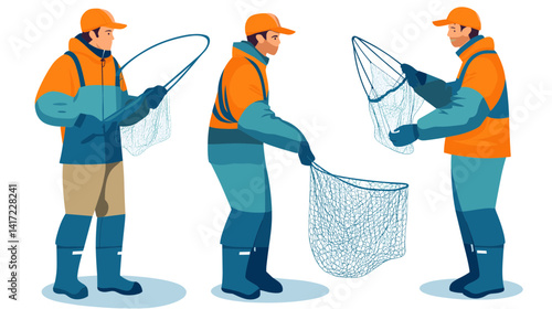Fisherman Using a Fishing Net: A Detailed Illustration