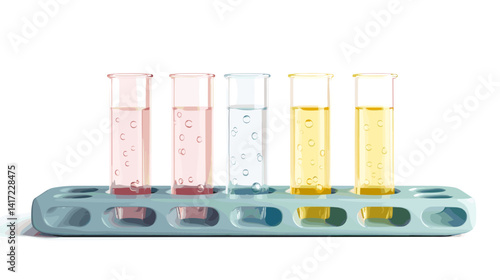 Five Test Tubes with Pink, Red, Clear, Yellow Liquids in a Gray Rack