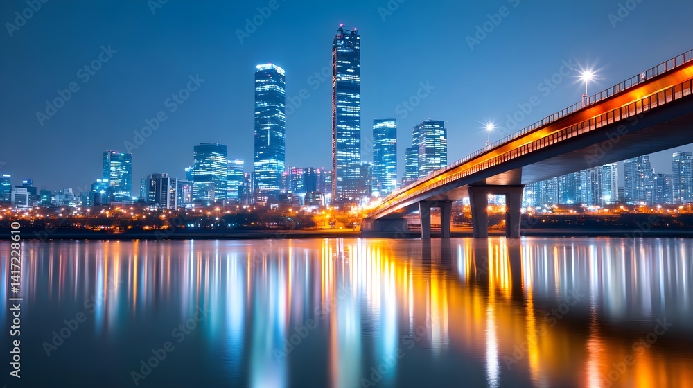 Obraz premium Night Cityscape, Bridge, River Reflection - Vibrant Cityscapes: The.