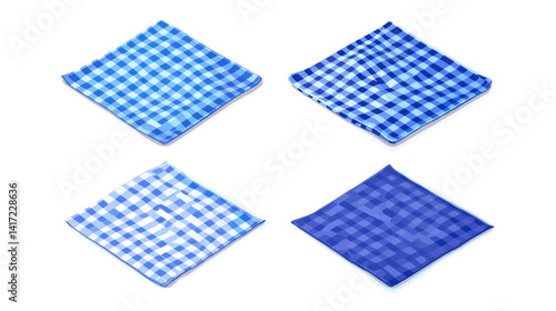 Four Blue And White Checkered Napkins On White Background