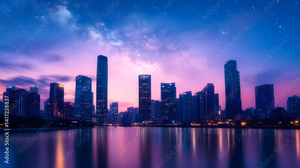 Fototapeta premium Magical City Nightscape, Starry Sky - Night Photography: The image .