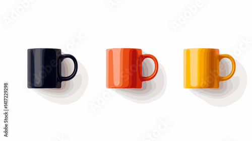 Three Mugs in Black Orange and Yellow on White Background
