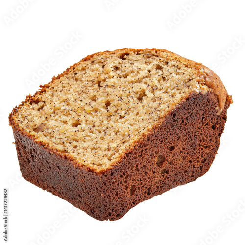 Slice of moist, brown cake isolated on PNG transparent background, cut out