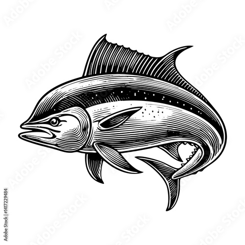 Sailfish sketch engraving black and white outline. Scratch board imitation.  illustrated in vintage line art style on a white background.