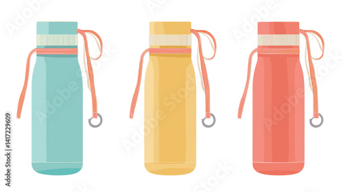 Three Pastel-Colored Water Bottles with Strings
