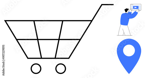 Shopping cart with wheels, user holding tablet, blue location pin. Ideal for e-commerce, delivery services, local business, online shopping, shopping platforms, logistics simple landing page