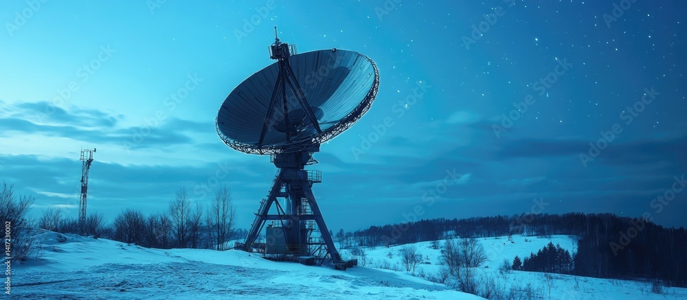 A large satellite dish stands on a snowy hill under a starry night sky. A large satellite dish stands on a snowy hill under a starry night sky.